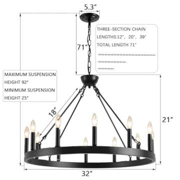 ZBMYRBZJ Black Wagon Wheel Chandelier 12-Light