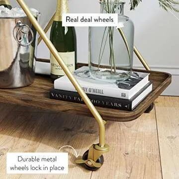 Nathan James Mid-Century Modern Two Tier Rolling Serving, Hallie Wood Bar Cart, Brown/Brass