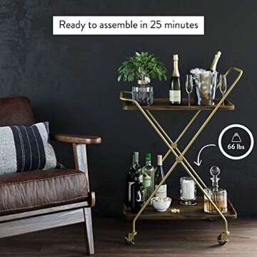 Nathan James Mid-Century Modern Two Tier Rolling Serving, Hallie Wood Bar Cart, Brown/Brass