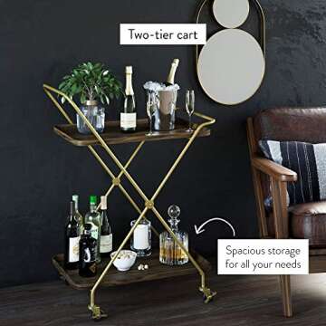 Nathan James Mid-Century Modern Two Tier Rolling Serving, Hallie Wood Bar Cart, Brown/Brass