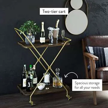 Nathan James Mid-Century Modern Two Tier Rolling Serving, Hallie Wood Bar Cart, Brown/Brass