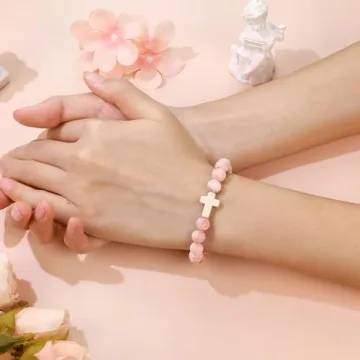 Sereney Cross Bracelet for Girls, Adjustable Pink Beaded Bracelets as Stocking Stuffers for Girls, R...