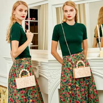 Acrylic Clutch Purses Marbling Handbags for Women Evening Clutch Shoulder Crossbody Bag with Pearl Wrist Wedding Party Bride (Apricot)