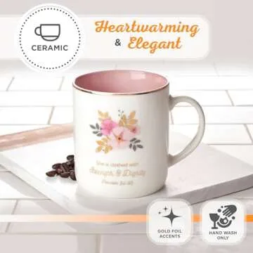 Christian Art Gifts Pink Ceramic Coffee Mug with Gold Rim – 14 oz. Lead and Cadmium-free Inspirational Scripture Coffee and Tea Mug for Women with Bible Verse: Strength and Dignity – Proverbs 31:25