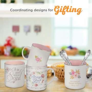 Christian Art Gifts Pink Ceramic Coffee Mug with Gold Rim – 14 oz. Lead and Cadmium-free Inspirational Scripture Coffee and Tea Mug for Women with Bible Verse: Strength and Dignity – Proverbs 31:25