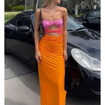 Women's Orange Bodycon Maxi Dress - Cut Out Style