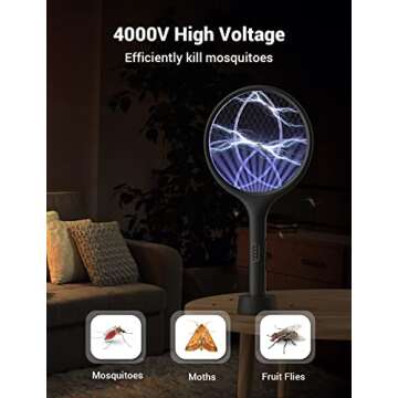 YISSVIC Electric Fly Swatter 4000V Bug Zapper Racket Dual Modes Mosquito Killer with Purple Mosquito Light Rechargeable for Indoor Home Office Backyard Patio Camping