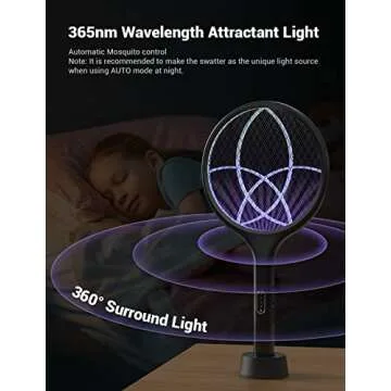 YISSVIC Electric Fly Swatter 4000V Bug Zapper Racket Dual Modes Mosquito Killer with Purple Mosquito Light Rechargeable for Indoor Home Office Backyard Patio Camping