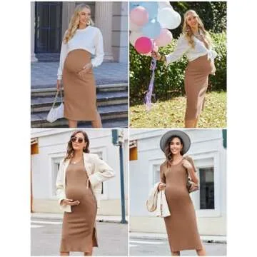 Ekouaer Maternity Dress Ribbed Knit Baby Shower Midi Pregnancy Dresses Side Slit Bodycon Pregnant Cl...