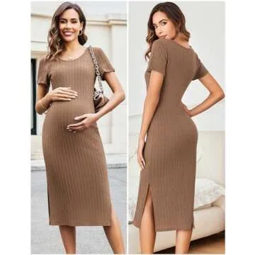 Ekouaer Maternity Dress Ribbed Knit Baby Shower Midi Pregnancy Dresses Side Slit Bodycon Pregnant Clothes Brown Large