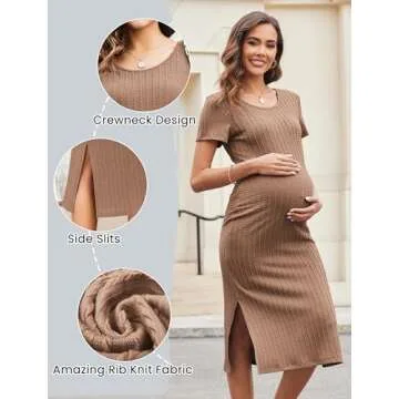 Ekouaer Maternity Dress Ribbed Knit Baby Shower Midi Pregnancy Dresses Side Slit Bodycon Pregnant Clothes Brown Large