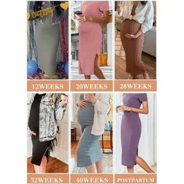 Ekouaer Maternity Dress Ribbed Knit Baby Shower Midi Pregnancy Dresses Side Slit Bodycon Pregnant Clothes Brown Large