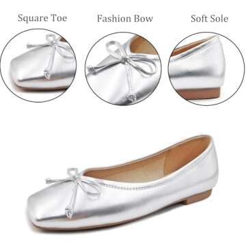 UBWDU Women's Low Heel Flat Shoes Comfortable Square Toe Bowknot Decoration Casual Ballet Shoes Silver