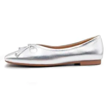 UBWDU Women's Low Heel Flat Shoes Comfortable Square Toe Bowknot Decoration Casual Ballet Shoes Silver