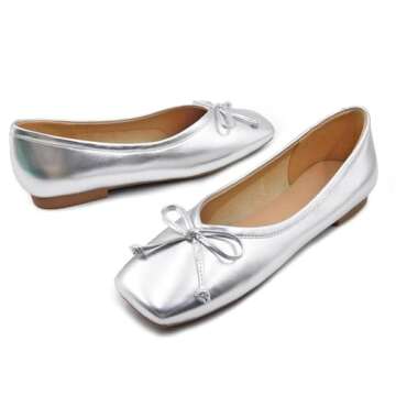 UBWDU Women's Low Heel Flat Shoes Comfortable Square Toe Bowknot Decoration Casual Ballet Shoes Silver
