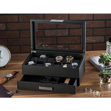 Glenor Co Watch Box with Valet Drawer for Men - 12 Slot Luxury Case Display Organizer, Carbon Fiber ...