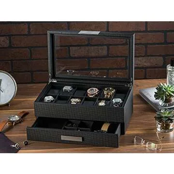 Glenor Co Watch Box with Valet Drawer for Men - 12 Slot Luxury Case Display Organizer, Carbon Fiber ...