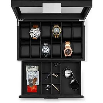 Glenor Co Watch Box with Valet Drawer for Men - 12 Slot Luxury Case Display Organizer, Carbon Fiber Design - Metal Buckle for Mens Jewelry Watches, Men's Storage Boxes Holder has Large Glass Top