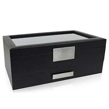 Glenor Co Watch Box with Valet Drawer for Men - 12 Slot Luxury Case Display Organizer, Carbon Fiber Design - Metal Buckle for Mens Jewelry Watches, Men's Storage Boxes Holder has Large Glass Top