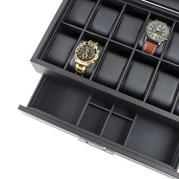 Glenor Co Watch Box with Valet Drawer for Men - 12 Slot Luxury Case Display Organizer, Carbon Fiber Design - Metal Buckle for Mens Jewelry Watches, Men's Storage Boxes Holder has Large Glass Top