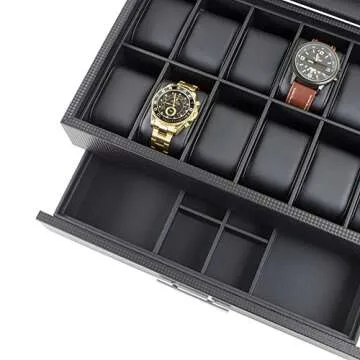 Glenor Co Watch Box with Valet Drawer for Men - 12 Slot Luxury Case Display Organizer, Carbon Fiber Design - Metal Buckle for Mens Jewelry Watches, Men's Storage Boxes Holder has Large Glass Top