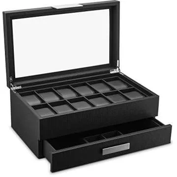 Glenor Co Watch Box with Valet Drawer for Men - 12 Slot Luxury Case Display Organizer, Carbon Fiber Design - Metal Buckle for Mens Jewelry Watches, Men's Storage Boxes Holder has Large Glass Top