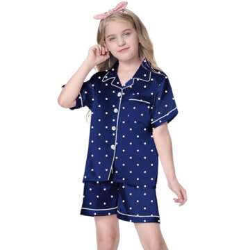 Schbbbta Girls Satin Pajamas Set Short Sleeve Button Down Silk Sleepwear 2 Piece Lounge Sets, Navy P...
