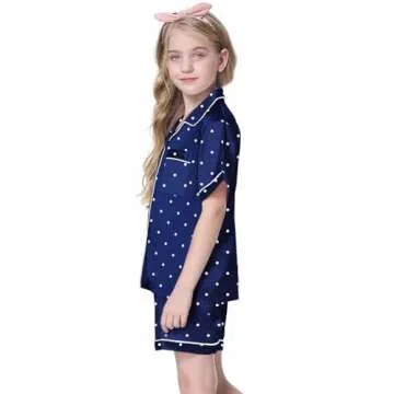 Schbbbta Girls Satin Pajamas Set Short Sleeve Button Down Silk Sleepwear 2 Piece Lounge Sets, Navy Polka Dots, 9-10 Years = Tag 150