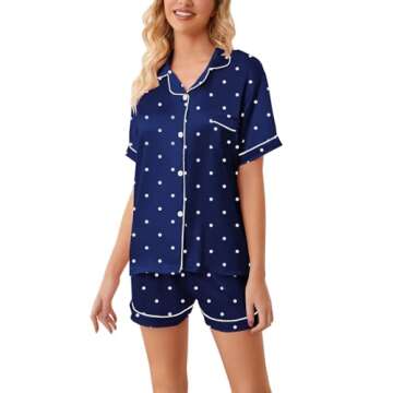 Schbbbta Girls Satin Pajamas Set Short Sleeve Button Down Silk Sleepwear 2 Piece Lounge Sets, Navy Polka Dots, 9-10 Years = Tag 150
