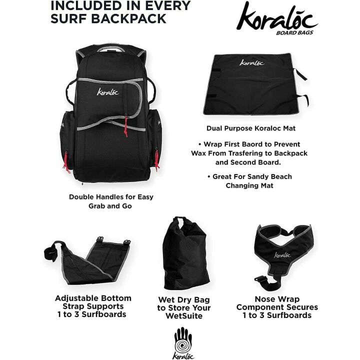 Koraloc Surf Backpack for 3 Boards - Hands-Free Access