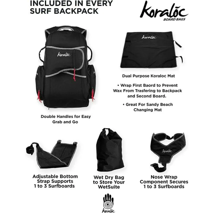 Koraloc Surf Backpack for 3 Boards - Hands-Free Access