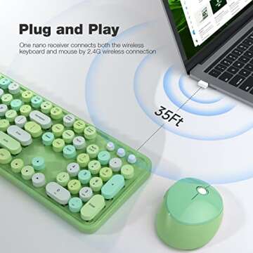 KNOWSQT Wireless Keyboard and Mouse Combo, Green Colorful 2.4G Typewriter Full-Size Retro Keyboards ...