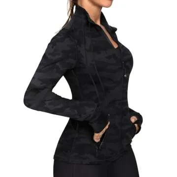 GYM RAINBOW Women's Lightweight Running Jackets Cottony-Soft 4-Way Stretch Zip up Slim Fit Workout Yoga Athletic Jacket(A-Camo Black,X-Small)