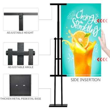 Sign Holder, Heavy Duty Floor Banner Stand, Adjustable Floor Poster Stand, Metal Sign Stand, Poster Stands for Display Sign Holder Stand, Height Up to 42 Inches, 355° Rotation Display Stand(Black)