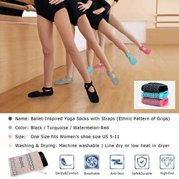 Ozaiic Yoga Socks for Women Non-Slip Grips & Straps, Ideal for Pilates, Pure Barre, Ballet, Dance, Barefoot Workout