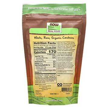 NOW Foods, Certified Organic Cashews, Whole, Raw and Unsalted, Rich Buttery Flavor, Source of Fiber, Protein and Iron, Certified Non-GMO, 10-Ounce (Packaging May Vary)