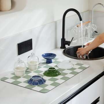 Ohocut Checkered Dish Drying Mat for Kitchen Counter, Coffee Bar, Retro Aesthetic, Absorbent, Easy C...
