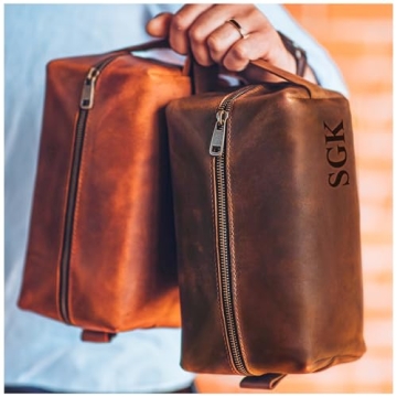 100% Genuine Leather Toiletry Bag Engraved Name or Initials – Crafted in USA – Personalized Trav...