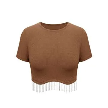 Womens Nashville Sparkly Glitter Fringe Short Sleeve Cropped Top Raceback Ribbed Crop Tank Tops with Rhinestone Tassel