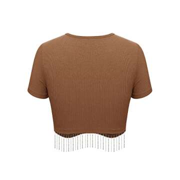 Womens Nashville Sparkly Glitter Fringe Short Sleeve Cropped Top Raceback Ribbed Crop Tank Tops with Rhinestone Tassel