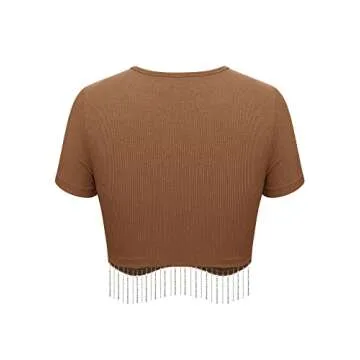 Womens Nashville Sparkly Glitter Fringe Short Sleeve Cropped Top Raceback Ribbed Crop Tank Tops with Rhinestone Tassel