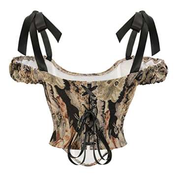 Blinger Women Vintage Cat Print Victorian Corset Crop Top with Sleeves