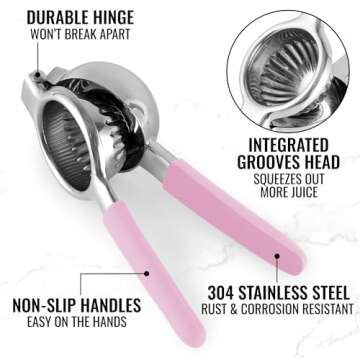 Zulay Lemon Squeezer Stainless Steel with Premium Heavy Duty Solid Metal Squeezer Bowl and Food Grade Silicone Handles - Large Manual Citrus Press Juicer and Lime Squeezer Stainless Steel (Pink)