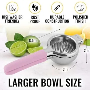 Zulay Lemon Squeezer Stainless Steel with Premium Heavy Duty Solid Metal Squeezer Bowl and Food Grade Silicone Handles - Large Manual Citrus Press Juicer and Lime Squeezer Stainless Steel (Pink)