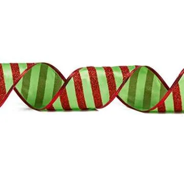 WRAPAHOLIC Christmas Wired Ribbon - 2.5 inch x 25 Yard Each Roll - Green with Red Glitter Stripe Ribbon - Red Wired Edge