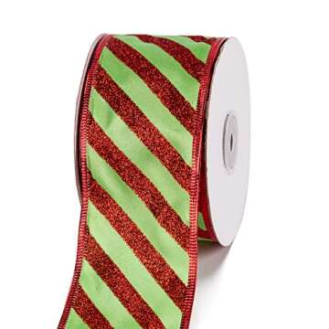 WRAPAHOLIC Christmas Wired Ribbon - 2.5 inch x 25 Yard Each Roll - Green with Red Glitter Stripe Ribbon - Red Wired Edge