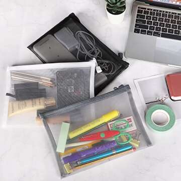 Sinzip 12 Pieces Zipper Nylon Mesh Pouch, Mesh Cosmetic Bags Makeup Bags Pencil Case, Multipurpose Travel Bags for Cosmetic School Office Supplies and Travel Accessories (Black,White,Grey, A5)