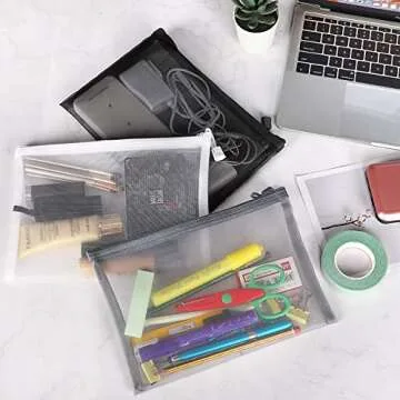 Sinzip 12 Pieces Zipper Nylon Mesh Pouch, Mesh Cosmetic Bags Makeup Bags Pencil Case, Multipurpose Travel Bags for Cosmetic School Office Supplies and Travel Accessories (Black,White,Grey, A5)