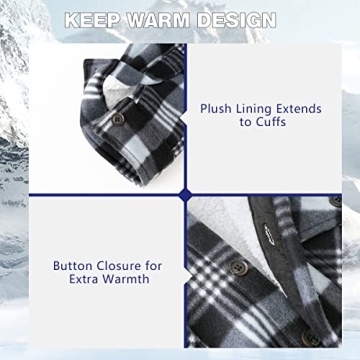 Mens Plaid Sherpa Lined Fleece Shirt Jacket Warm Button-Down Winter Shirts Black Plaid S