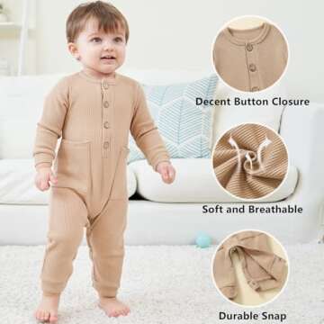 BeiVSlley Newborn Baby Boy Girl 2 Pack Button Solid Romper Infant Long sleeve Knit Cotton Footless O...